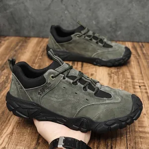 Chaussures de randonnée homme en cuir de porc vert olive avec semelle en caoutchouc durable