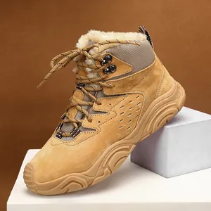 Men's tan suede winter snow boots with warm fur lining and thick non-slip soles