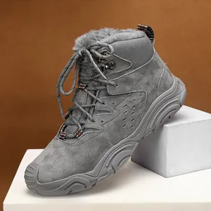 Men's warm grey winter snow boots with thick faux fur lining and anti-slip sole