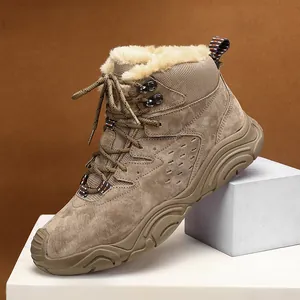 Men's warm winter snow boots featuring brown suede and thick plush beige fur lining