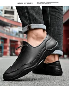 Low-top black leather men's casual shoes with unique non-slip rubber sole detail