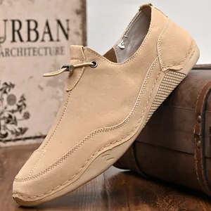 Stylish men's khaki suede casual shoes with bungee cord laces and flat non-slip sole