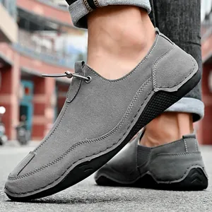 Fashionable grey suede men's casual outdoor shoes with durable flat rubber sole