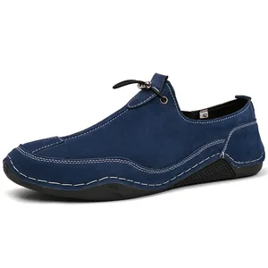 Blue suede men's casual loafers with white contrast stitching and durable rubber sole