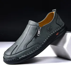 Men's Large Size Casual Leather Shoes 2025 Hand-Stitched Microfiber Sneakers With Side Zipper Non-Slip Rubber Sole Fashion Board Shoes