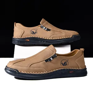 Premium men's casual brown leather loafers with hand-stitched details and side zipper