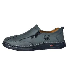 Handmade stitching men's casual leather loafers with side zipper in dark grey finish.