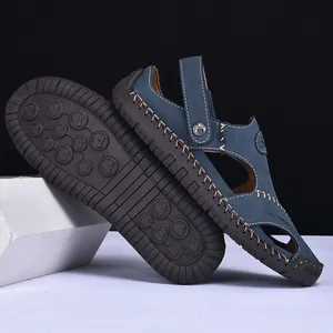 Close-up of hand-stitched leather sandals for men with anti-slip rubber sole