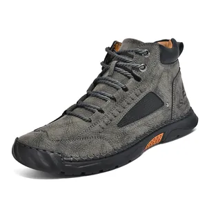 Casual grey leather ankle boots for men with lace-up closure and durable rubber sole