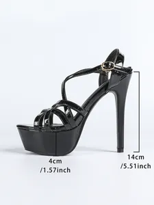 Detailed side view of black patent platform stiletto sandals with 14cm heel specs.