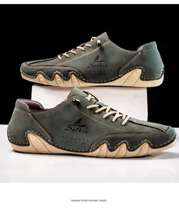 Detailed side view of olive green men's casual shoes featuring unique wavy soles and Salkin logo