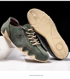 Detailed view of green men's casual shoes featuring a unique octopus-style rubber sole.