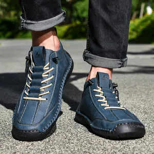 Men's stylish blue casual Martin boots with side zipper and white contrast stitching