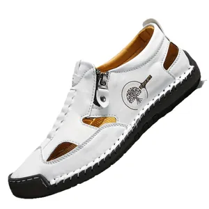 Sandales d'été pour hommes en cuir blanc respirant avec détails cousus main et fermeture éclair