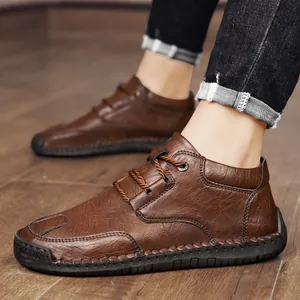 Premium men's brown leather casual short boots with hand-stitched anti-slip rubber soles