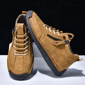 Premium hand-stitched men's casual brown leather Martin boots with side zipper detail