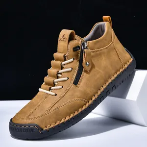 Stylish men's brown leather Martin boots with side zipper and durable rubber outsole