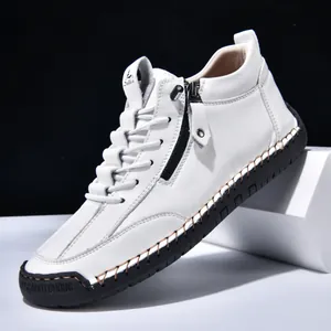 Men's stylish white leather casual boots with side zipper and black stitched rubber sole