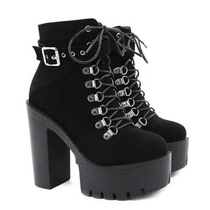 Side view of black platform high heel boots with buckle and lace-up detail