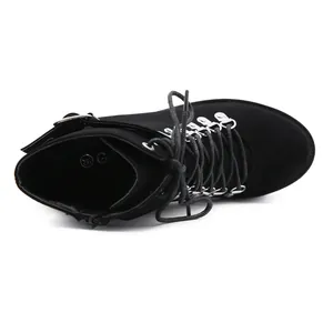 Detailed top-down view of black lace-up ankle boots with side buckle and size 36 mark