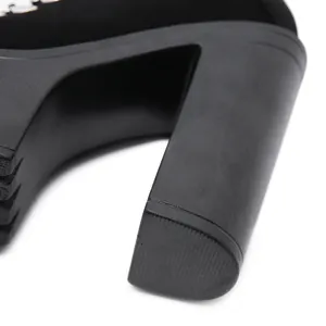 Close-up detail showing the texture of the high chunky heel and platform of black boots.