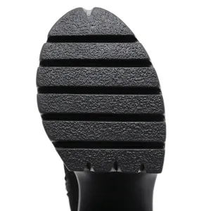 Macro detail of a black platform shoe sole featuring deep anti-slip rubber tread patterns