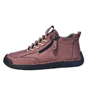 Men's casual brown leather Martin boots with side zipper and lace-up design