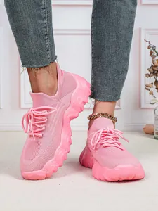Stilvolle atmungsaktive rosa Strick-Sneaker für Damen mit dicken Wellensohlen und Schnürung