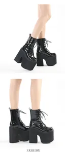 Side and rear view of black glossy high platform boots designed for stage performance