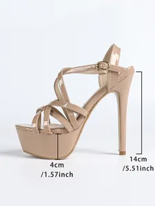 Detailed side view of beige platform sandal with 14cm heel and 4cm platform height.