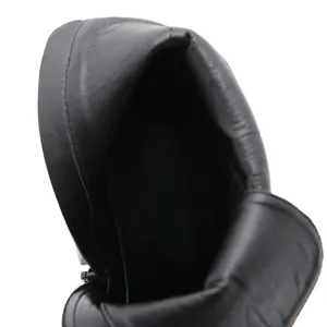 Macro detail view of the black leather lining and interior of the platform boot