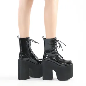 Black shiny patent leather super high platform ankle boots for stage and gothic performance