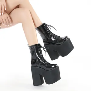 Professional black patent leather platform lace-up boots for women with super high chunky heels