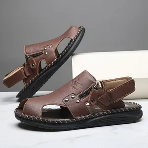 Sandalias de cuero marrón para hombre, punta cerrada, transpirables con correa ajustable