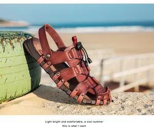 Classic brown leather men's summer beach sandals with hollow-out design and adjustable lace