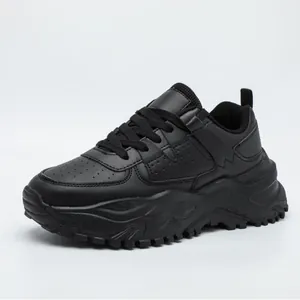 Stylish all-black chunky platform sneakers featuring a breathable mesh and comfortable sole