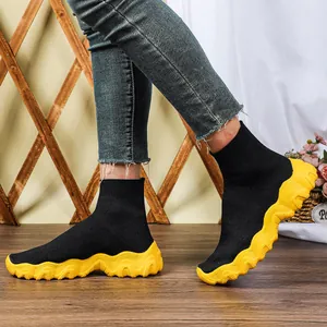Women Mid-Cut Fly-Knit Sock Shoes Thick Wavy Sole Breathable Slip-on Height Increasing Casual Fashionable Sneakers Footwear
