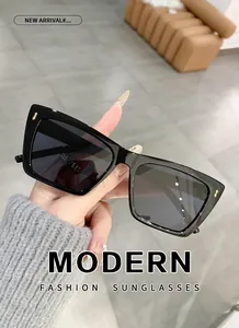 Nahaufnahme schwarze Cat-Eye-Sonnenbrille mit goldenen Details und dunklen Gläsern