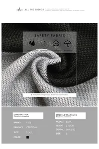 Detail view of soft striped knit cardigan fabric with product and model size details