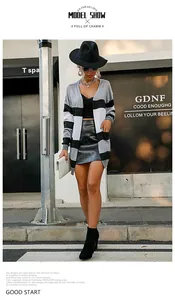 Women's stylish grey and black striped long sleeve open front cardigan for autumn.