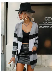 Stylish women's long-sleeved striped cardigan with grey and black horizontal bands
