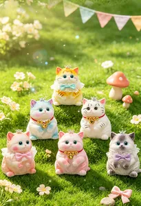 Set of six colorful cute cat squishy toys on green grass with mushrooms and flags