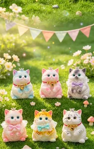 Six colorful cat squishy toys with crowns displayed on a green lawn with flowers