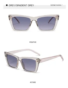 Detailansicht der trendigen Cat-Eye-Sonnenbrille mit grauen Verlaufsgläsern aus zwei Winkeln.