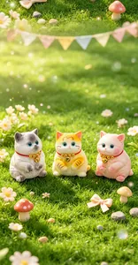 Close-up detail of three adorable cat squishy toys with golden bells on a lush green lawn.