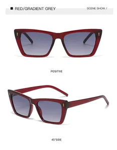 Detaillierte Vorder- und Seitenansicht der roten Cat-Eye-Sonnenbrille mit Gläsern