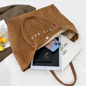 Grand sac cabas vintage en daim marron avec imprimé lettres blanches pour le travail