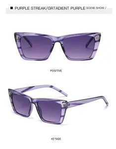 Cat-Eye-Sonnenbrille in Lila mit Goldnieten, Frontansicht und 45-Grad-Seitenansicht.