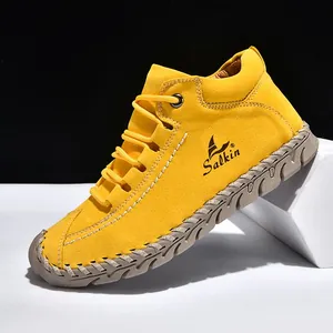 Vibrant yellow hand-stitched flat leather loafers for women outdoor casual wear