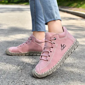 Stylish pink suede hand-stitched women's loafers for outdoor leisure and comfort